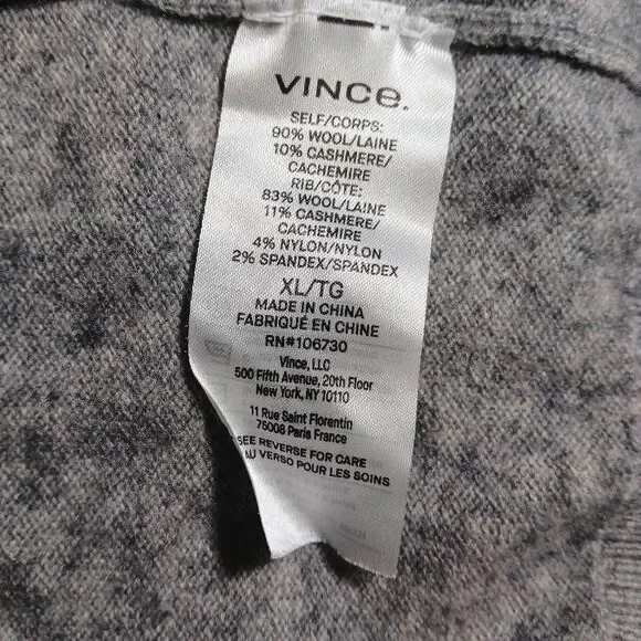 Vince mens xl wool cashmere full zip sweater gray hoodie longsleeve